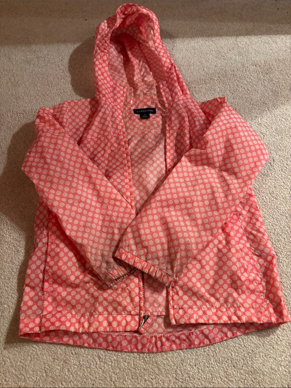 Lands' End Coral Pink Hooded Raincoat with White Daisy Print